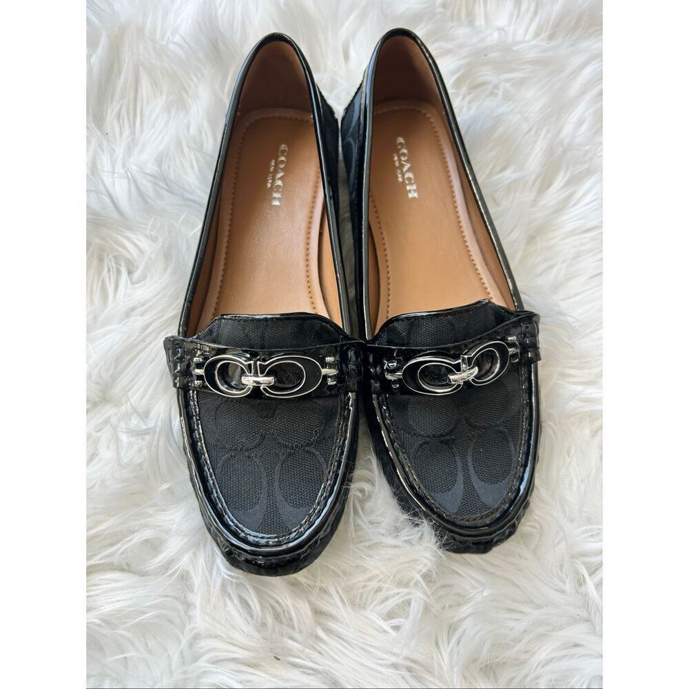 Coach Fortunata Buckle Loafers Size 7.5 B Signature Print Patent Leather Trim